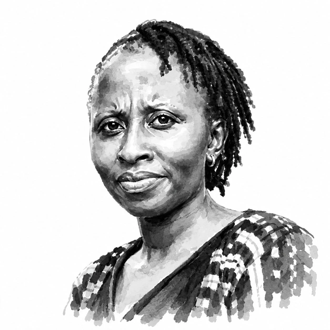 Black and white portrait of a woman with short hair styled in dreadlocks, wearing earrings and a patterned top.
