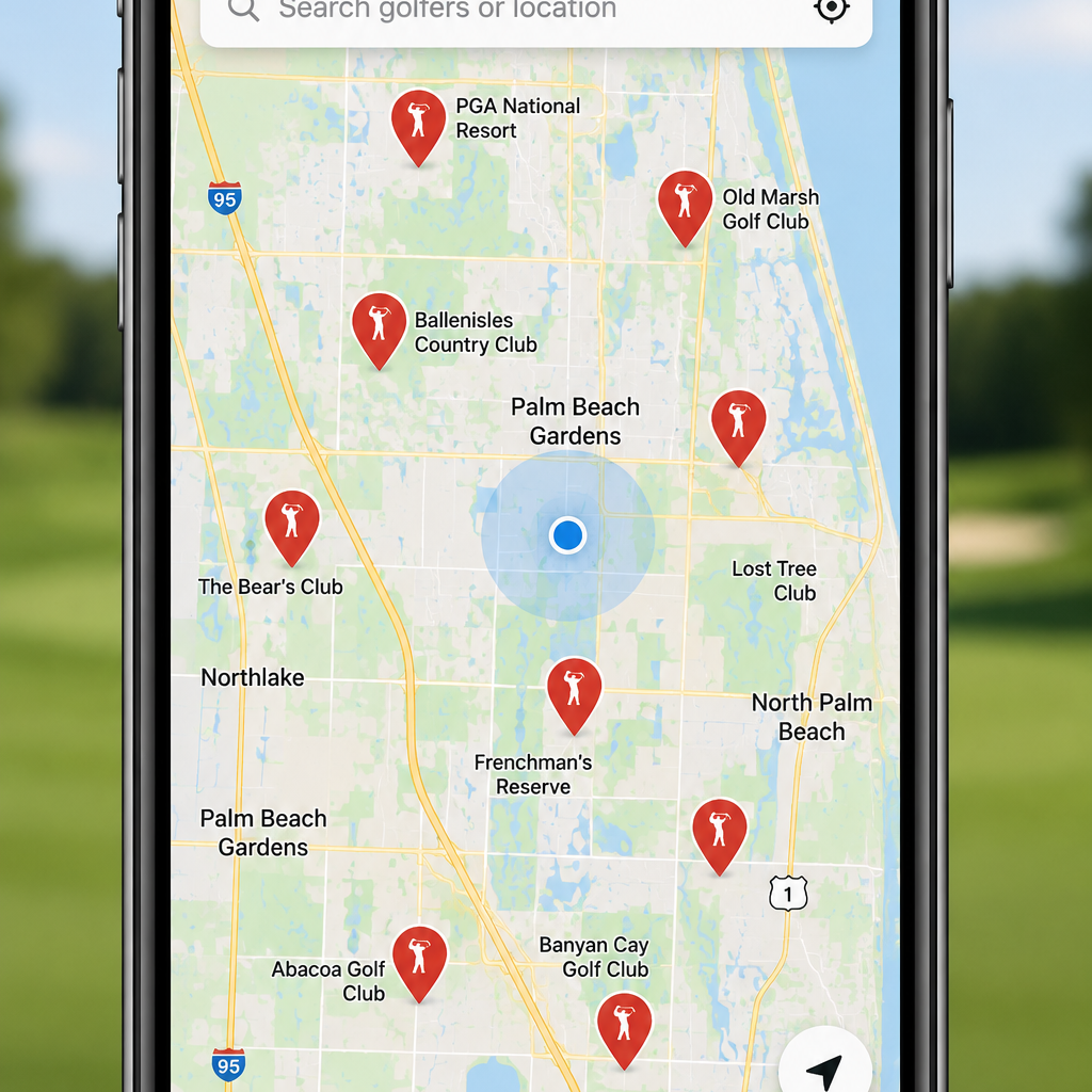 A GPS map on a smartphone screen showing golf courses in the Palm Beach Gardens area, including PGA National Resort, Old Marsh Golf Club, BallenIsles Country Club, The Bear's Club, Frenchman's Reserve, Abacoa Golf Club, Banyan Cay Golf Club, Lost Tree Club, and North Palm Beach.
