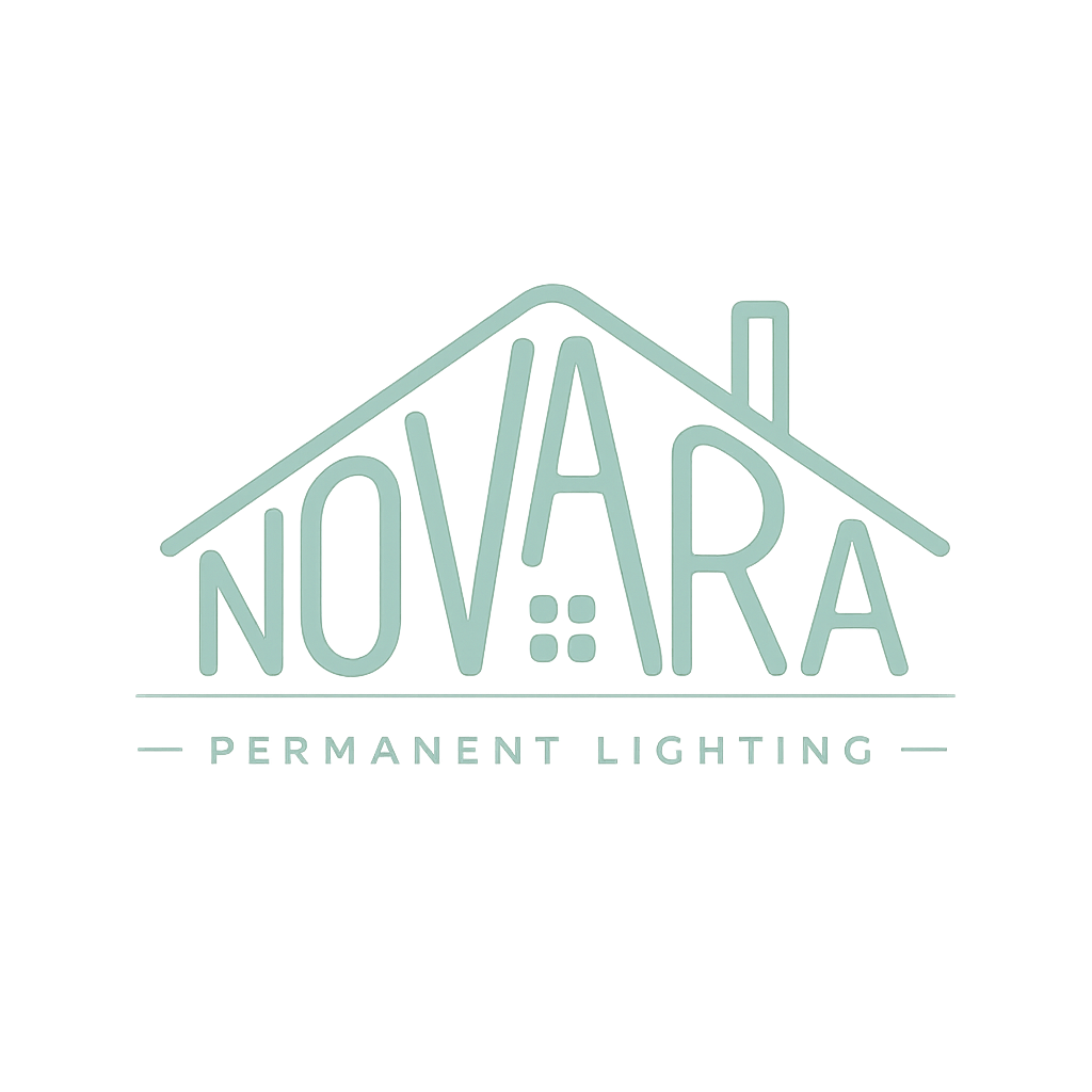 Logo for Novara Permanent Lighting featuring a house outline with the company name in stylized text and a chimney