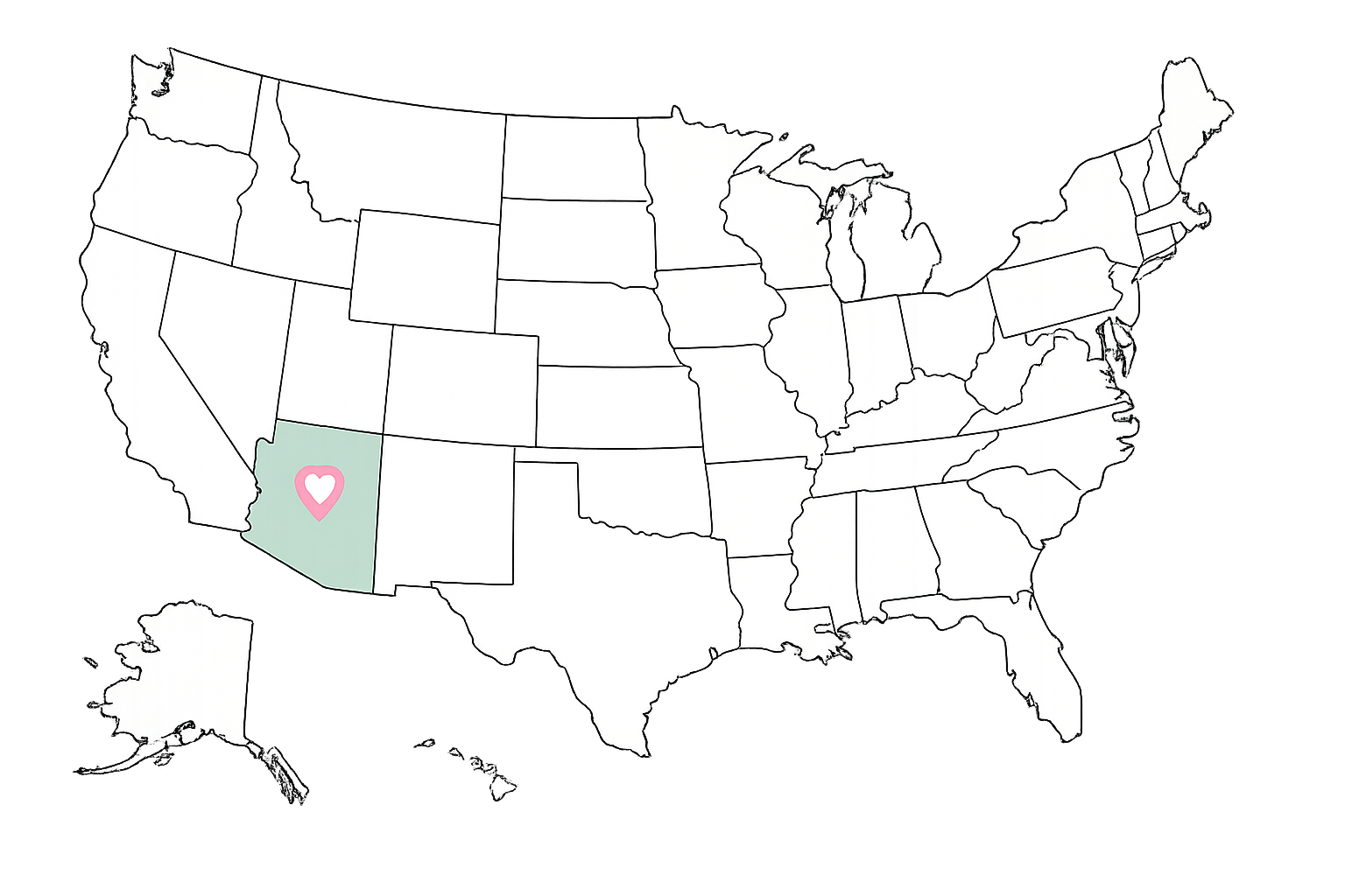 Map of the United States highlighting Phoenix Arizona with a pink heart inside it.