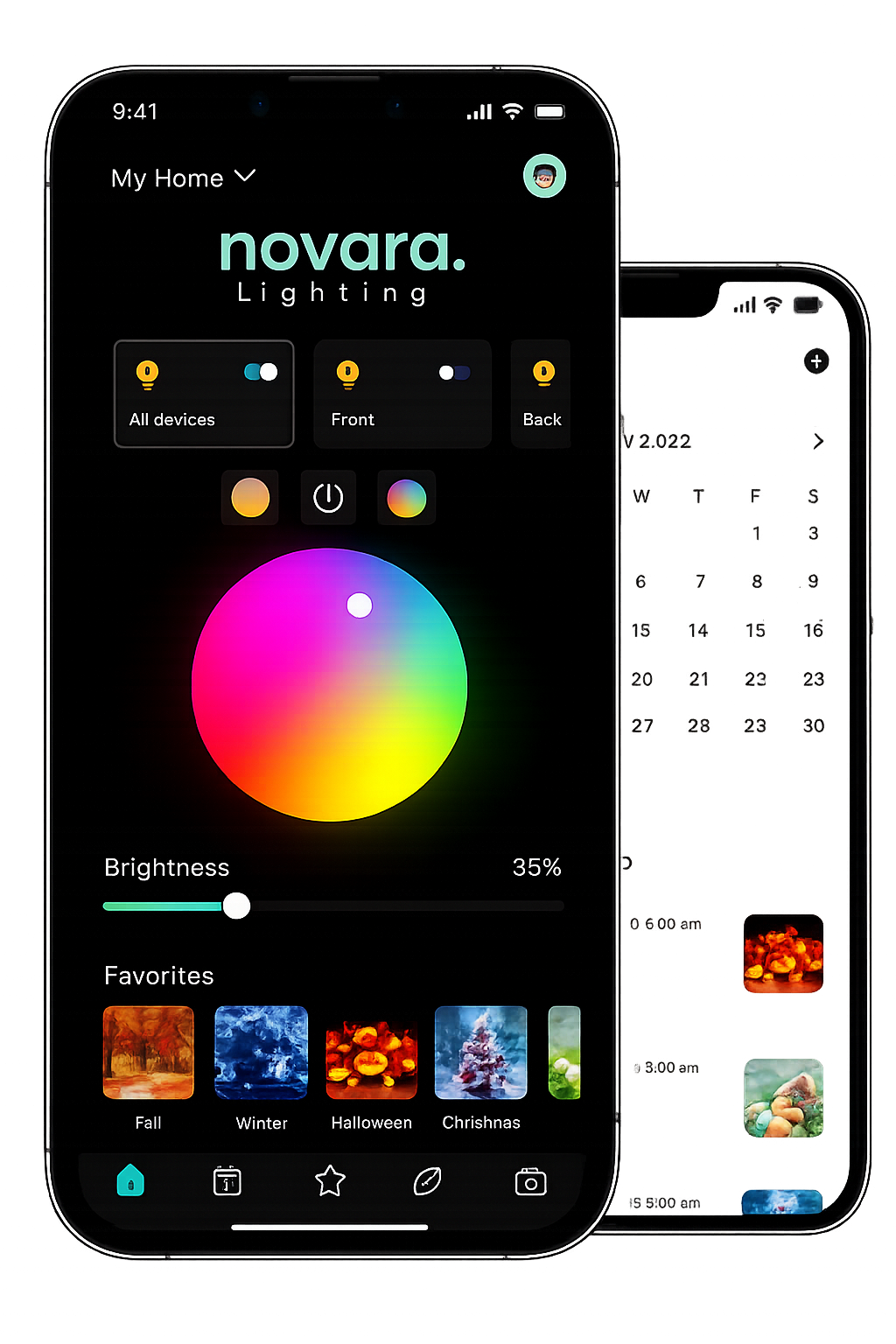 Smartphone screen displaying a lighting control app with a wheel for selecting colors, brightness slider, and favorite lighting scenes including fall, winter, Halloween, Christmas, and a green scene.