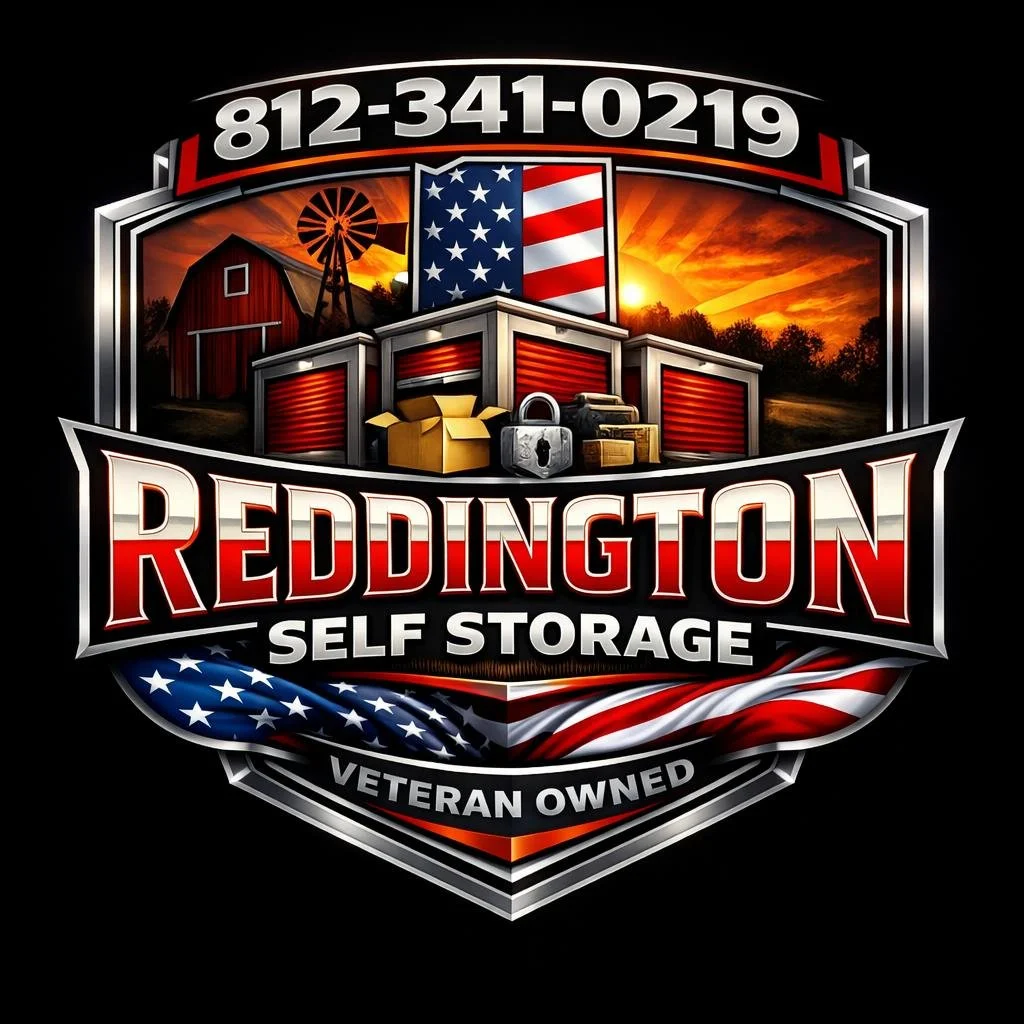 Logo for Reddington Self Storage featuring American flag, sunset, barn, storage units, and boxes, with contact number and veteran ownership acknowledgment.