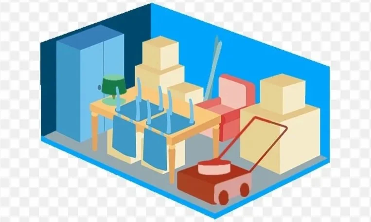 A room filled with boxes, a dining table with chairs, a floor lamp, and a toy car on the floor, all in a cartoon style.