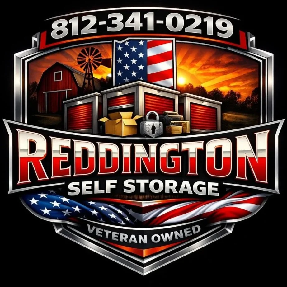 A logo for Reddington Self Storage featuring a sunset, American flags, a barn, a windmill, storage units, boxes, and a lock. The logo includes the phone number 812-341-0219, and states that the business is veteran owned.