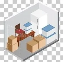 Isometric illustration of a storage room with boxes, shelves, and a small table.