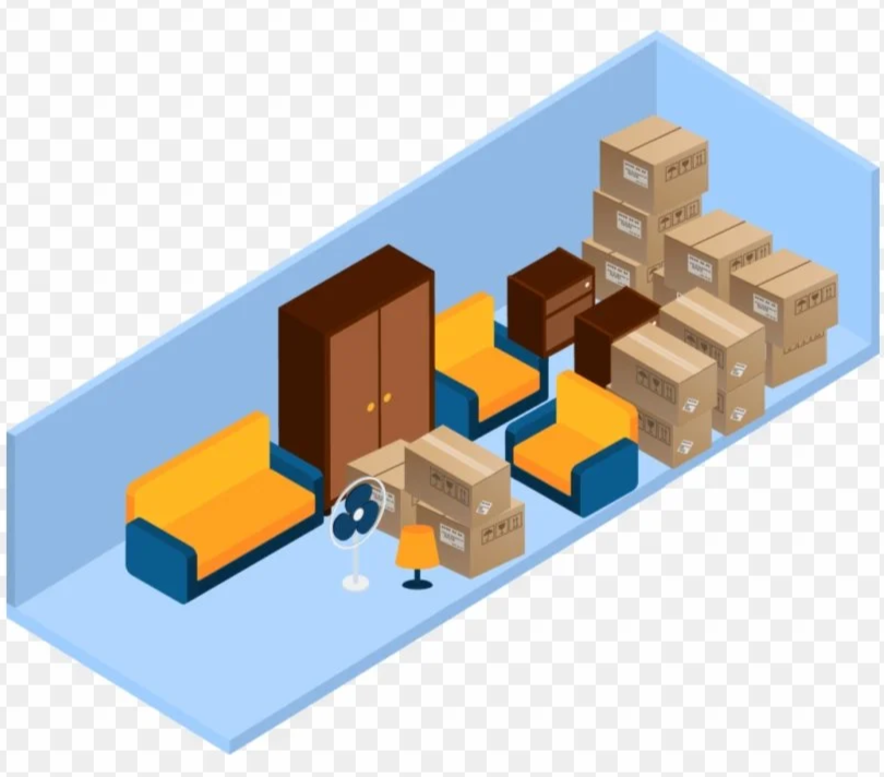 A small room with yellow and blue sofas, a wardrobe, a fan, a side table with a lamp, and stacked cardboard boxes against the wall.
