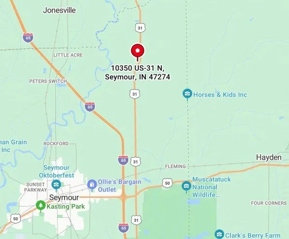Map showing location of 10350 US-31 N, Seymour, IN 47274 with nearby landmarks including Seymour, Kasting Park, Horses & Kids Inc, Ollie's Bargain Outlet, Muscatatuck National Wildlife Refuge, and Clark's Berry Farm.