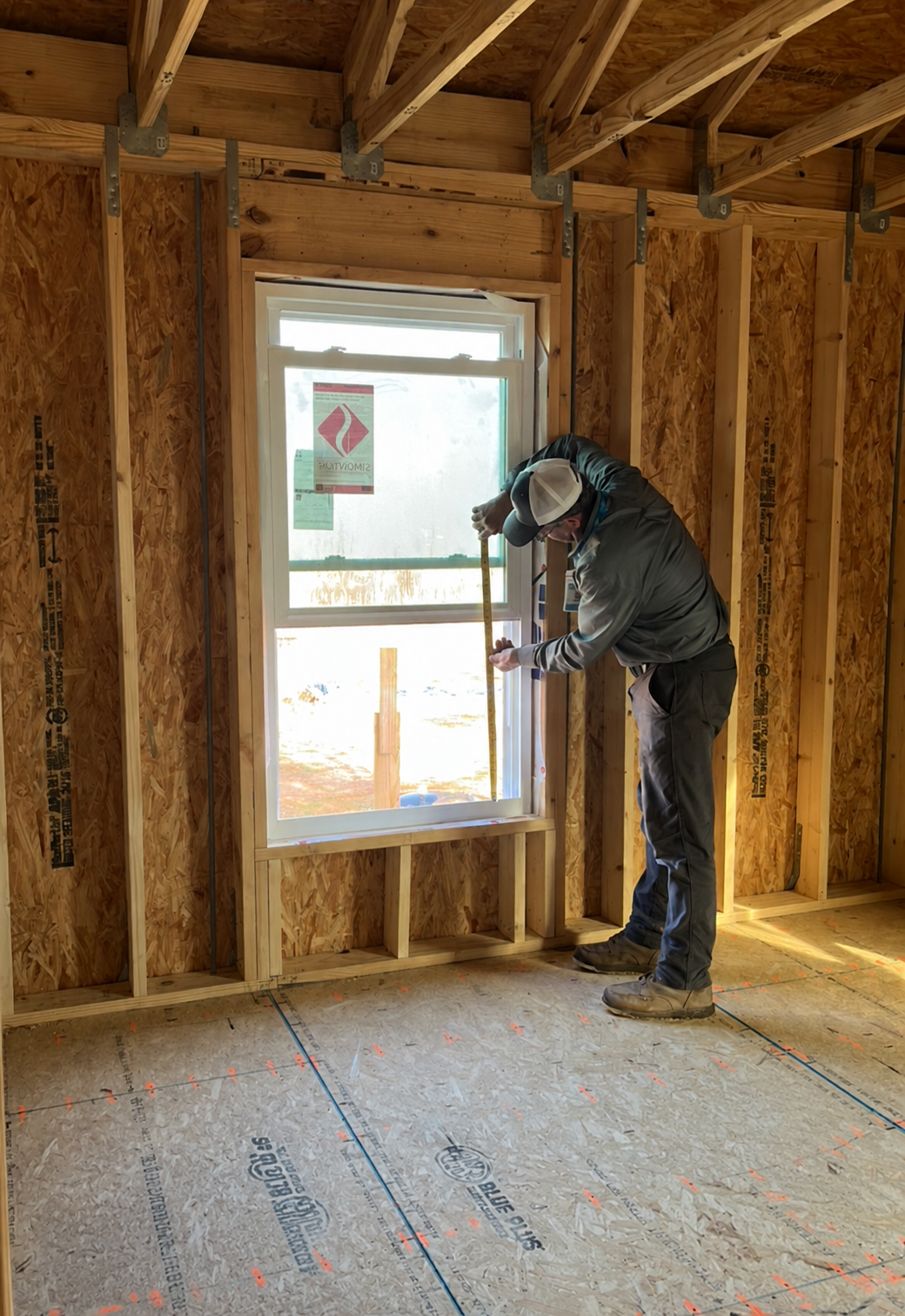 A construction worker measuring a window in a new building frame with wood and OSB sheathing, sunlight coming through the window.