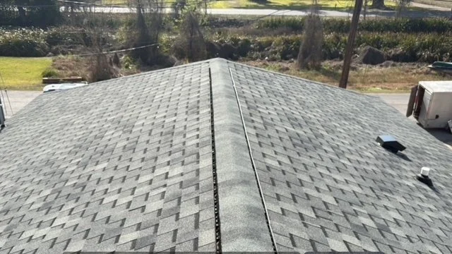 View of a house rooftop with gray asphalt shingles in a herringbone pattern.