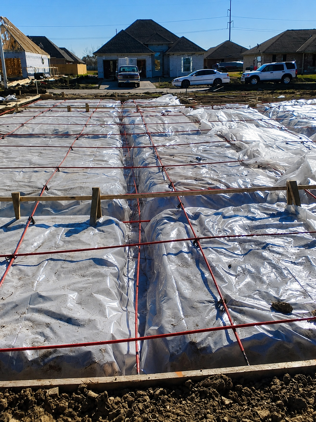 Construction site with building foundation prepared for pouring concrete, covered with plastic sheeting and red safety wires, residential houses in the background.