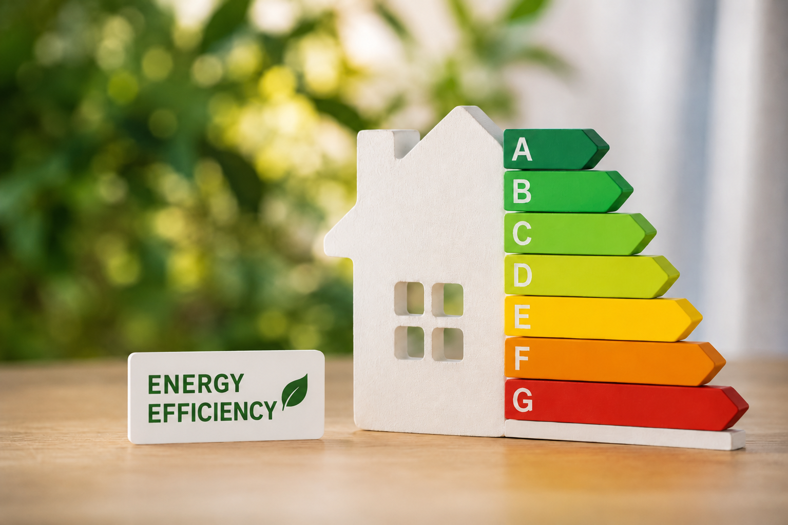 A white house-shaped model with colorful energy efficiency rating bars from A to G next to it, placed on a wooden surface with a green leafy background.
