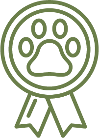 Line drawing of a paw print with a ribbon below it, symbolizing achievement or award.