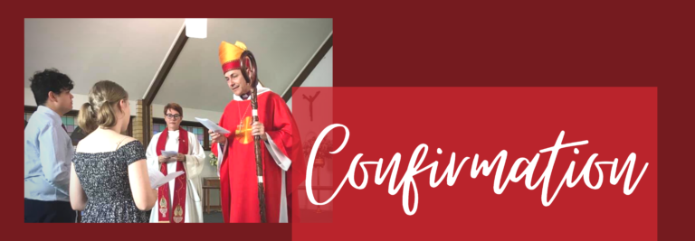 A person dressed as a bishop or pope performing a Confirmation ceremony with a bishop or priest. Four young people are participating in the ceremony.