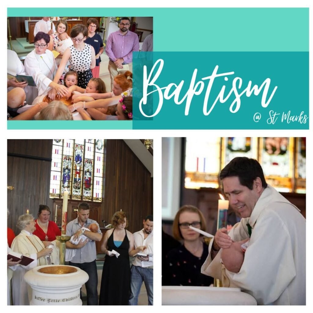 Collage of three photos from a baptism ceremony at St. Marks. The top photo shows a group of people participating in a baptism ritual, reaching out to touch a baby held by a priest. The bottom left photo depicts a baptism inside a church, with a priest holding a baby, surrounded by family members. The bottom right photo shows a priest smiling as he cradles a baby, with a woman in the background.