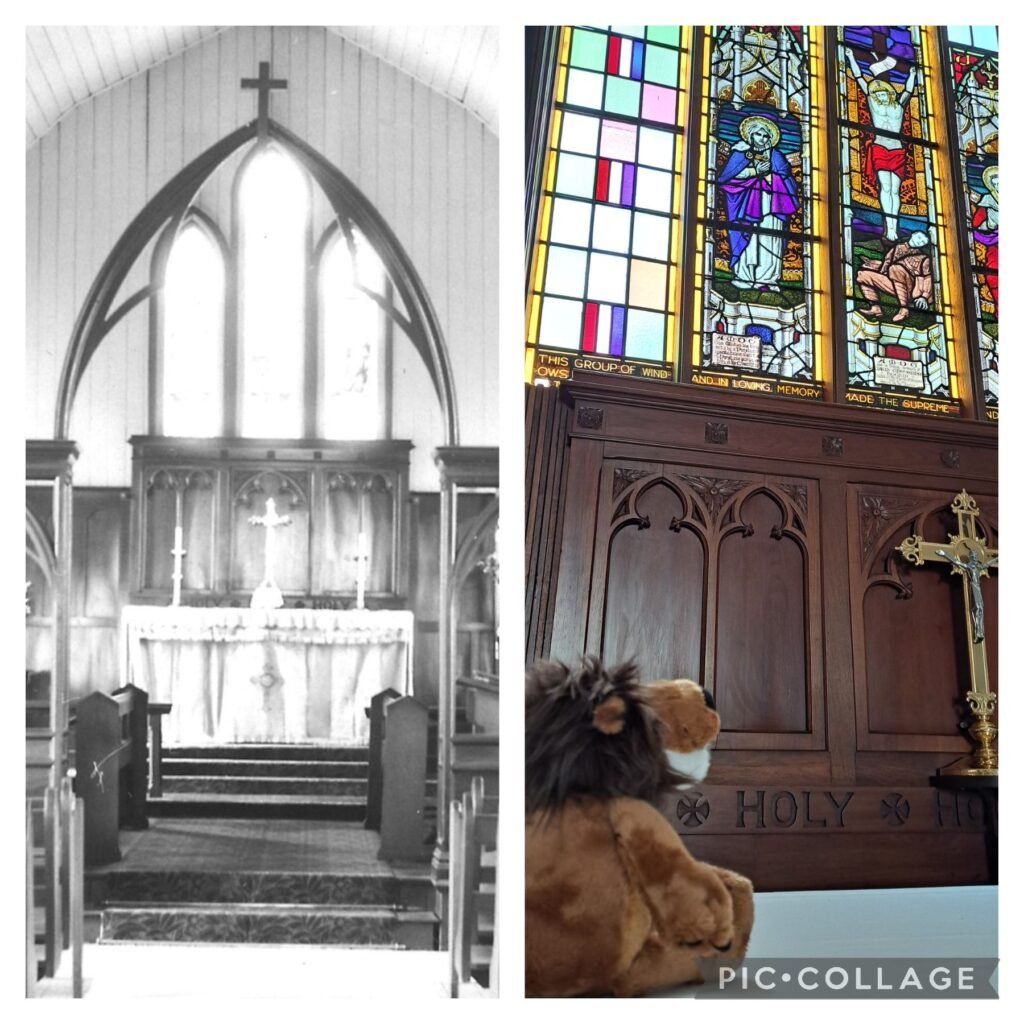 A side-by-side collage of a church altar. The left side shows a black and white photo of a simple church altar with a cross, candles, and church pews. The right side features a colorful stained glass window with religious figures, a wooden altar with the words "HOLY H" engraved, a plush teddy bear, a small golden crucifix, and part of a person's head.