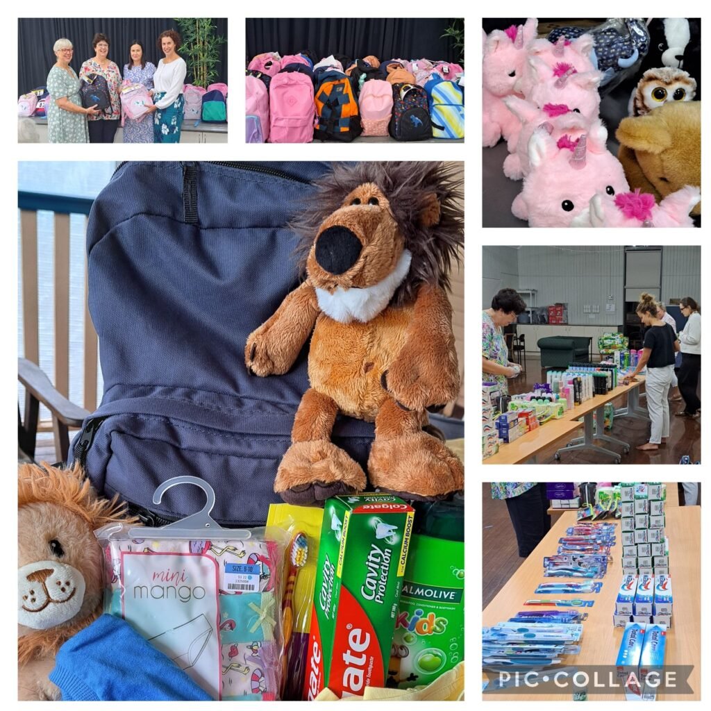 Collection of photos showing donation activities including women preparing backpacks, bags filled with plush toys, stuffed animals, and hygiene products, people sorting toothbrushes and toothpaste, and items such as mini mango garments and personal care items on tables.