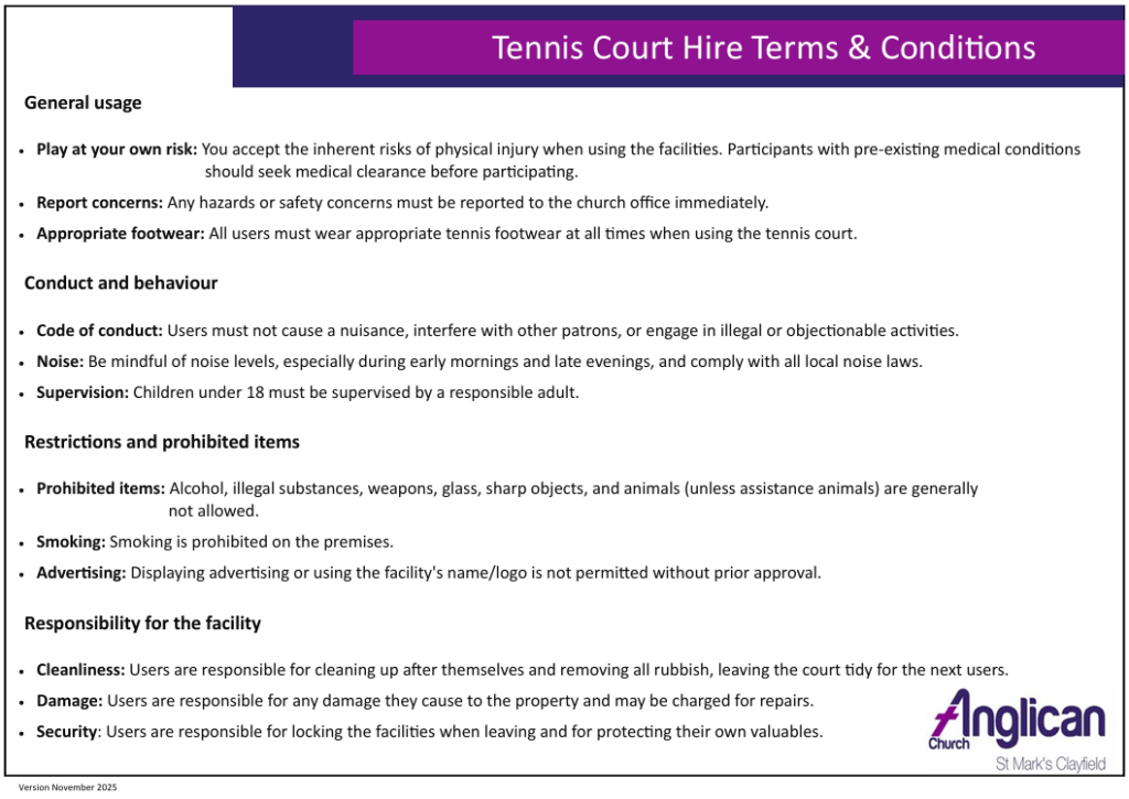 Tennis court hire terms and conditions document outlining general usage, conduct, restrictions, and responsibilities for the facility, with the church's logo at the bottom right.