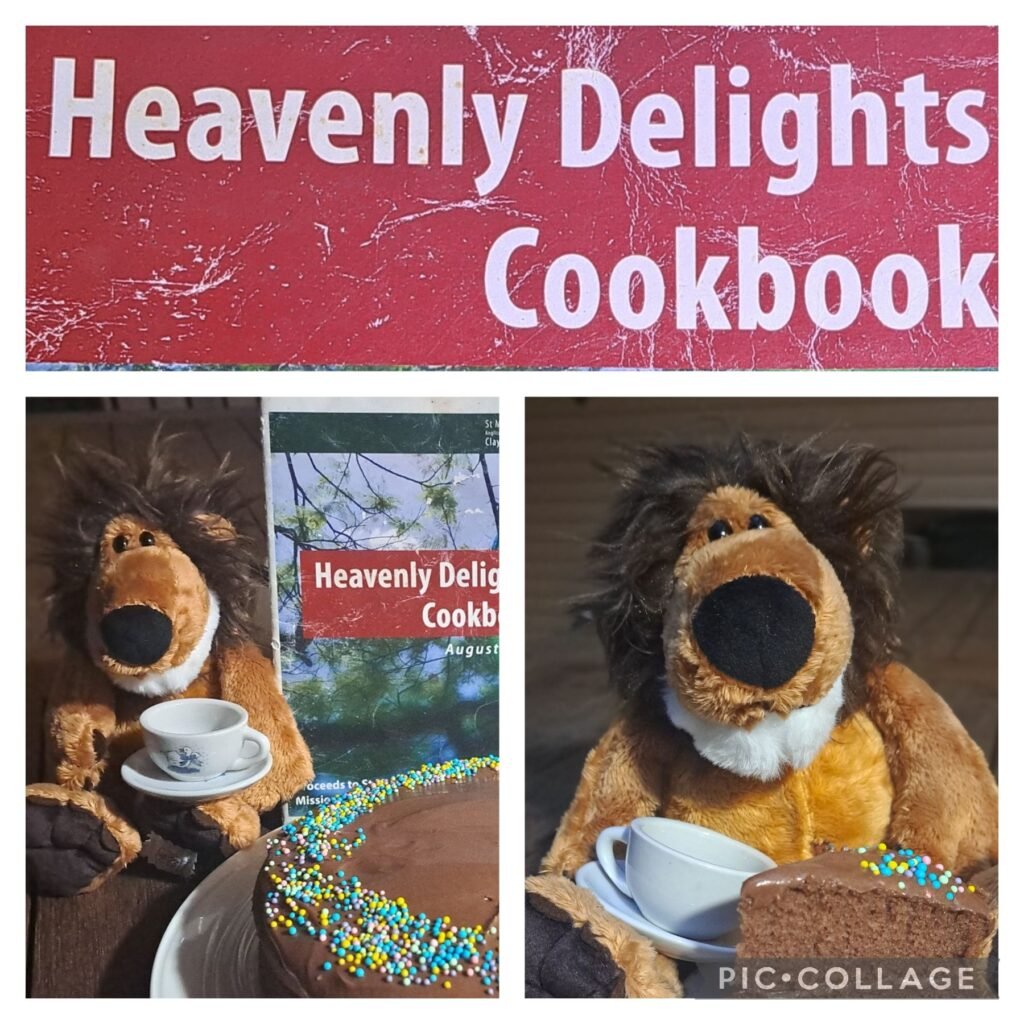 A collage of three images, including a red sign reading 'Heavenly Delights Cookbook', a stuffed animal dog holding a cup, and a close-up of the stuffed animal dog with a slice of chocolate cake and a cup.