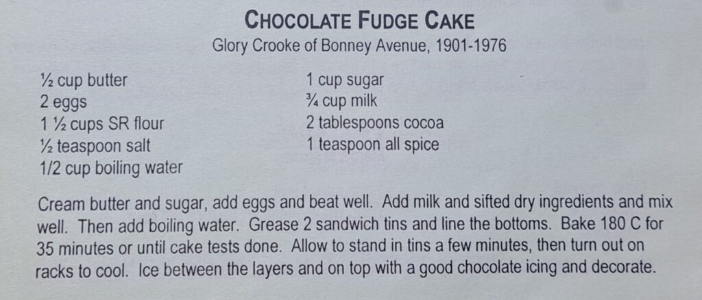 Recipe for chocolate fudge cake with ingredients listed and baking instructions included.
