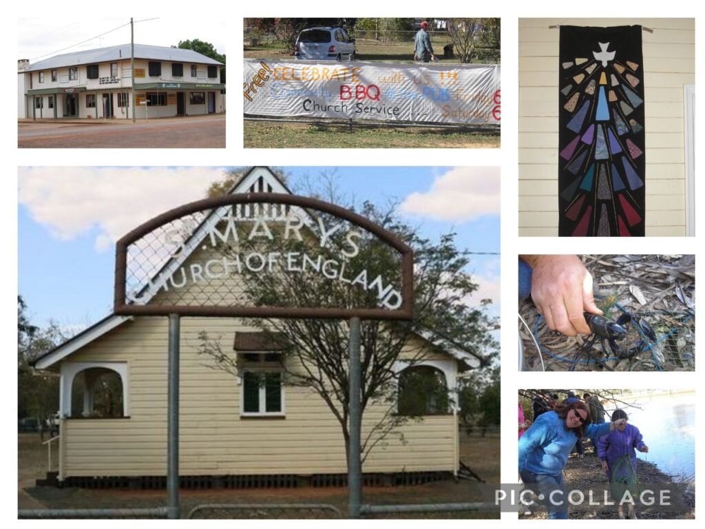 Collection of photos including a corner building of a store or office, a church with a sign saying 'ST. MARY'S CHURCH OF ENGLAND,' a church service announcement banner, a colorful wall hanging with geometric patterns resembling a cross, a person's hand holding a tool near some gathered sticks or branches, and two women near a body of water with trees in the background.