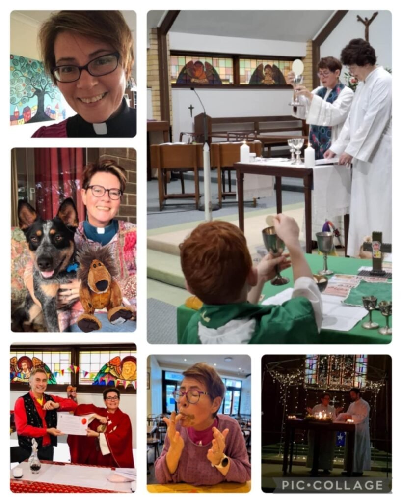 A collage of seven images featuring people and animals indoors and at a celebration or religious event.
