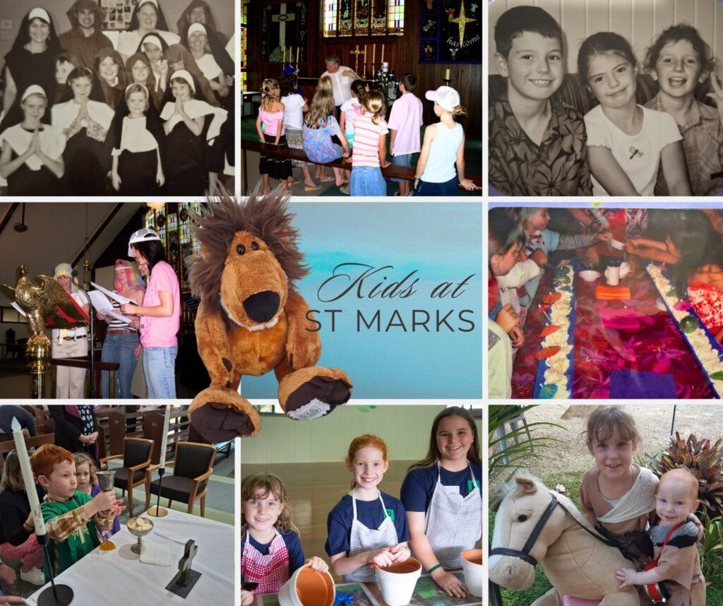 Collage of children participating in various activities such as prayer, church service, group photos, reading scripts, arts and crafts, a themed party, and playing with a hobby horse at a church event called Kids at St. Marks.