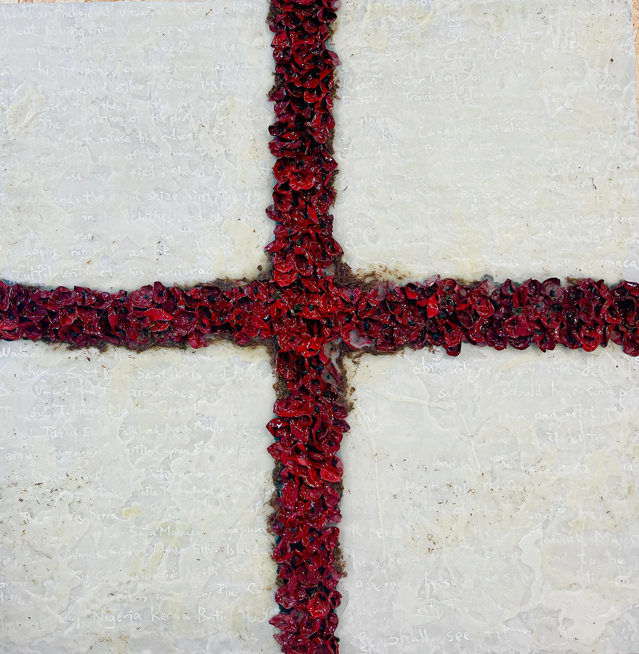 My Coloniser Says I'm Not Welcomed (2025) Acrylic, pigment marker, tobacco and encaustic on canvas 105x105cm