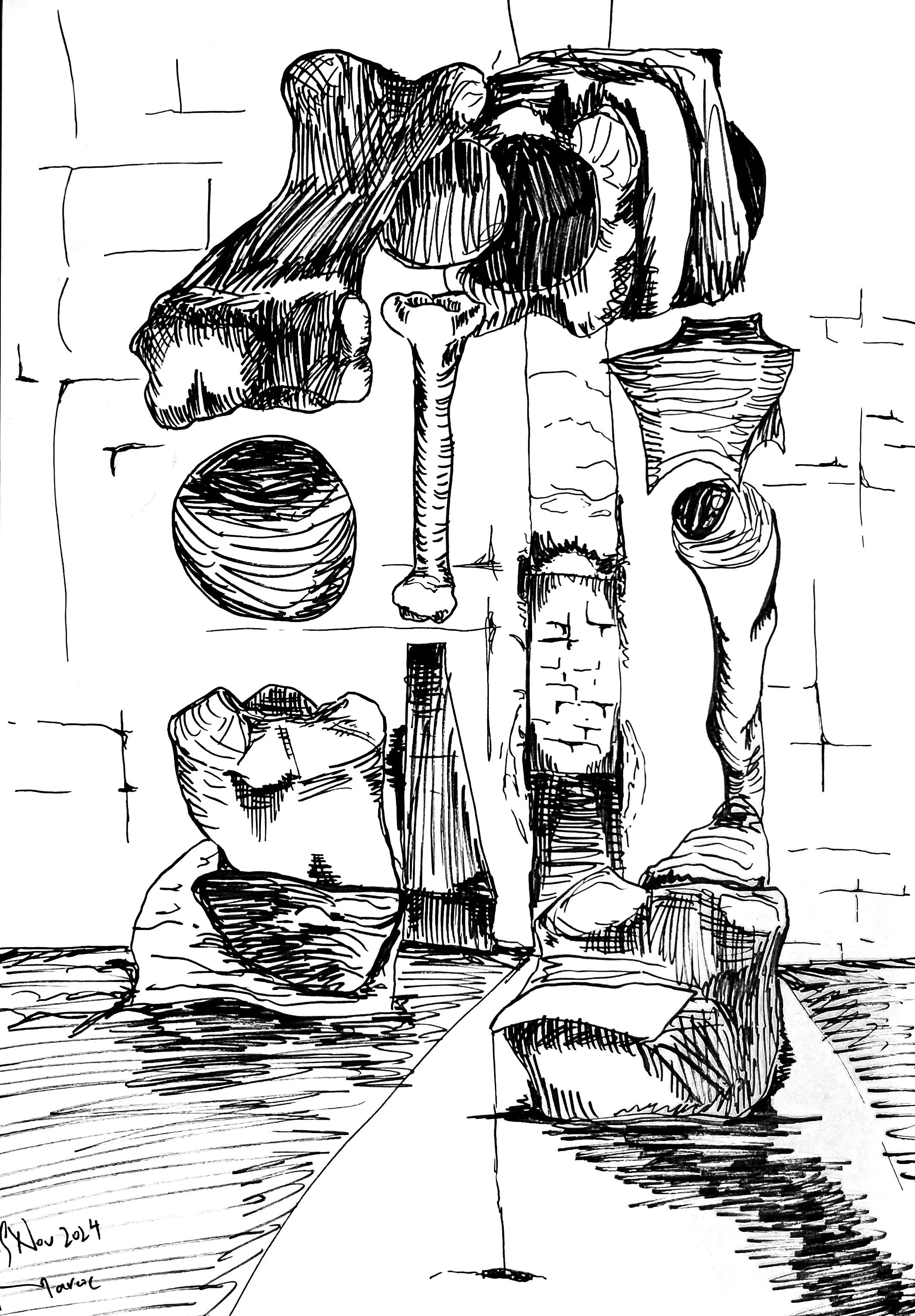 Inner Thoughts Got Caught Planning Mischiefs (2024) Soft-tipped pigment marker on paper