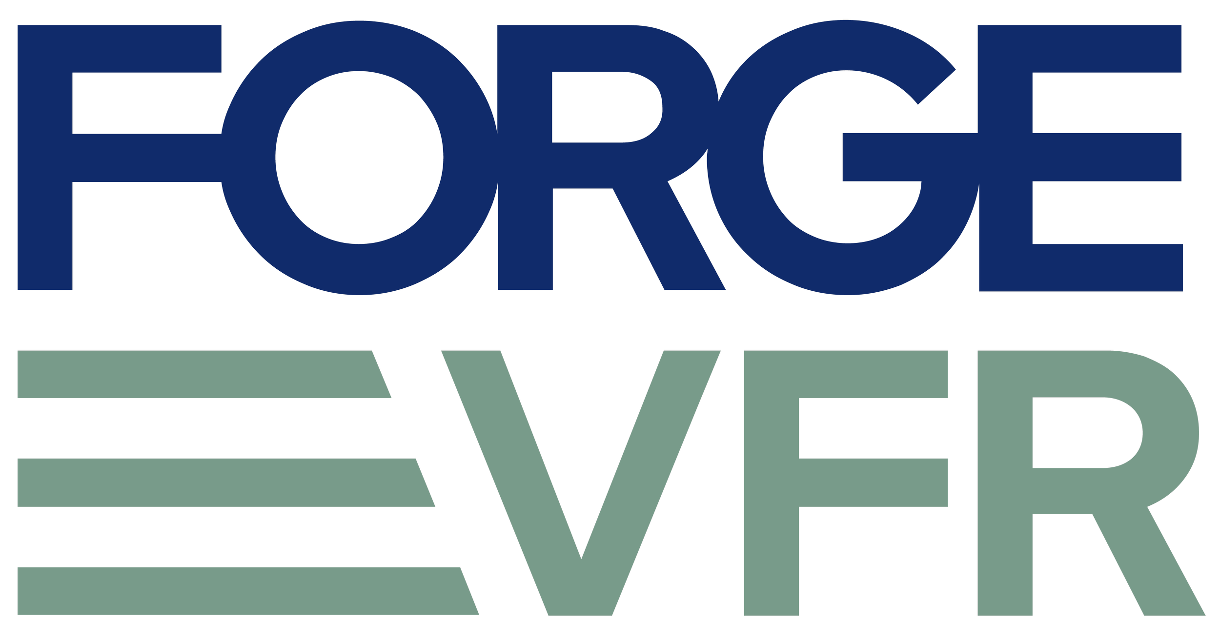 The words 'FORCE' in dark blue, 'OVER' in light gray, and 'EVER' in muted green, arranged vertically with reflections underneath.