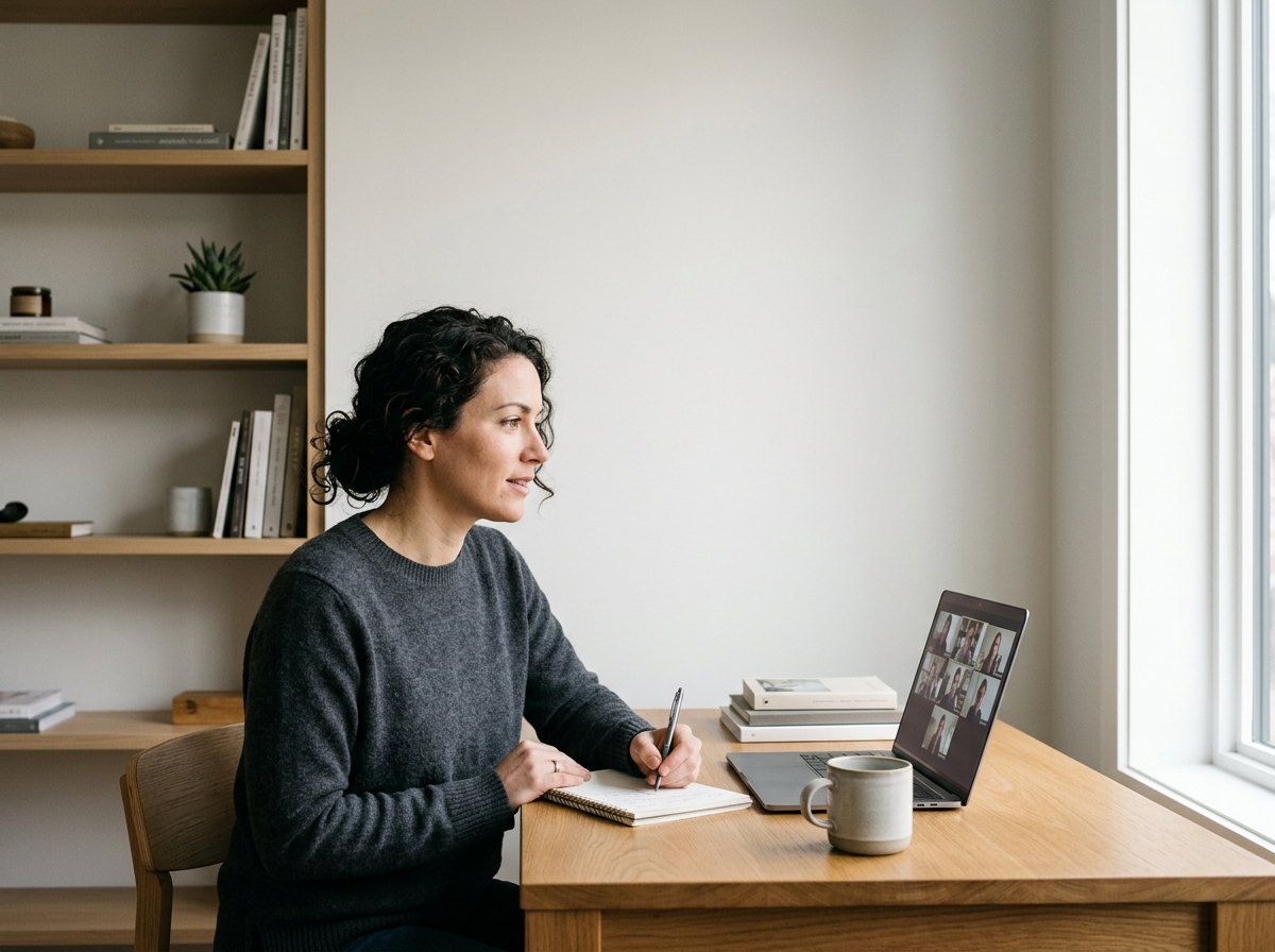 Woman participating in a virtual meeting at her home office, sitting at a wooden desk with a laptop, notebook, pen, mug, and books, in front of a window.
