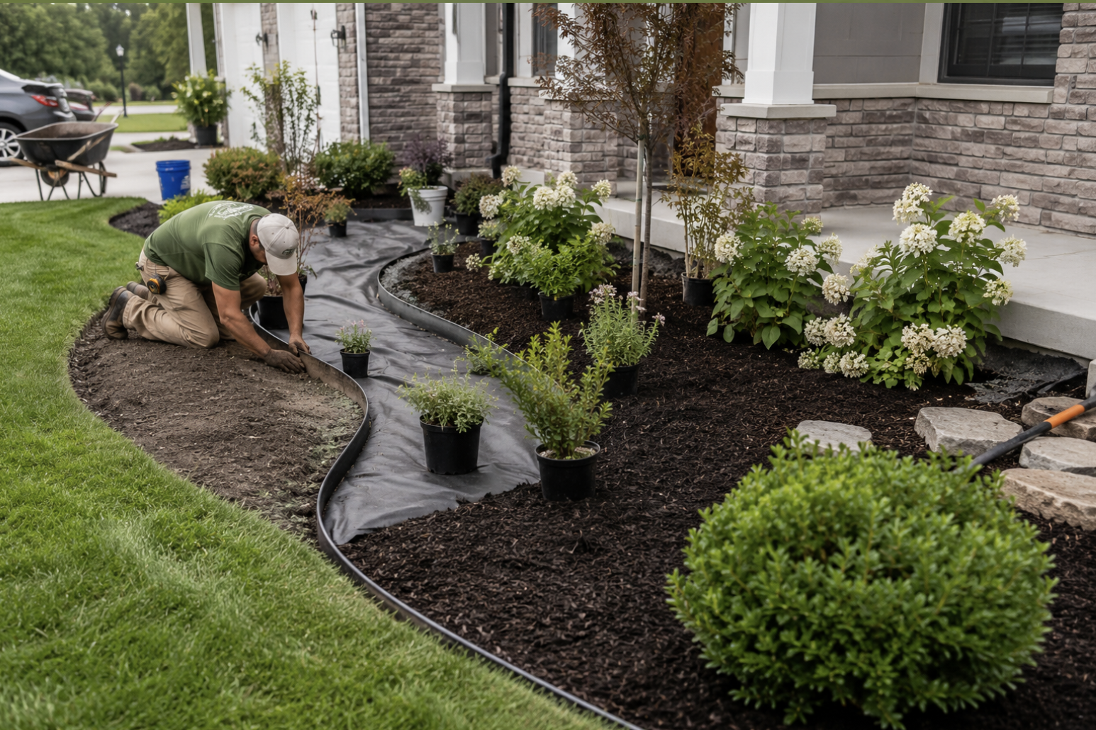 A man kneeling and working in a garden bed next to a house, planting or tending to small potted plants surrounded by freshly turned soil, with a lawn and parked cars in the background.