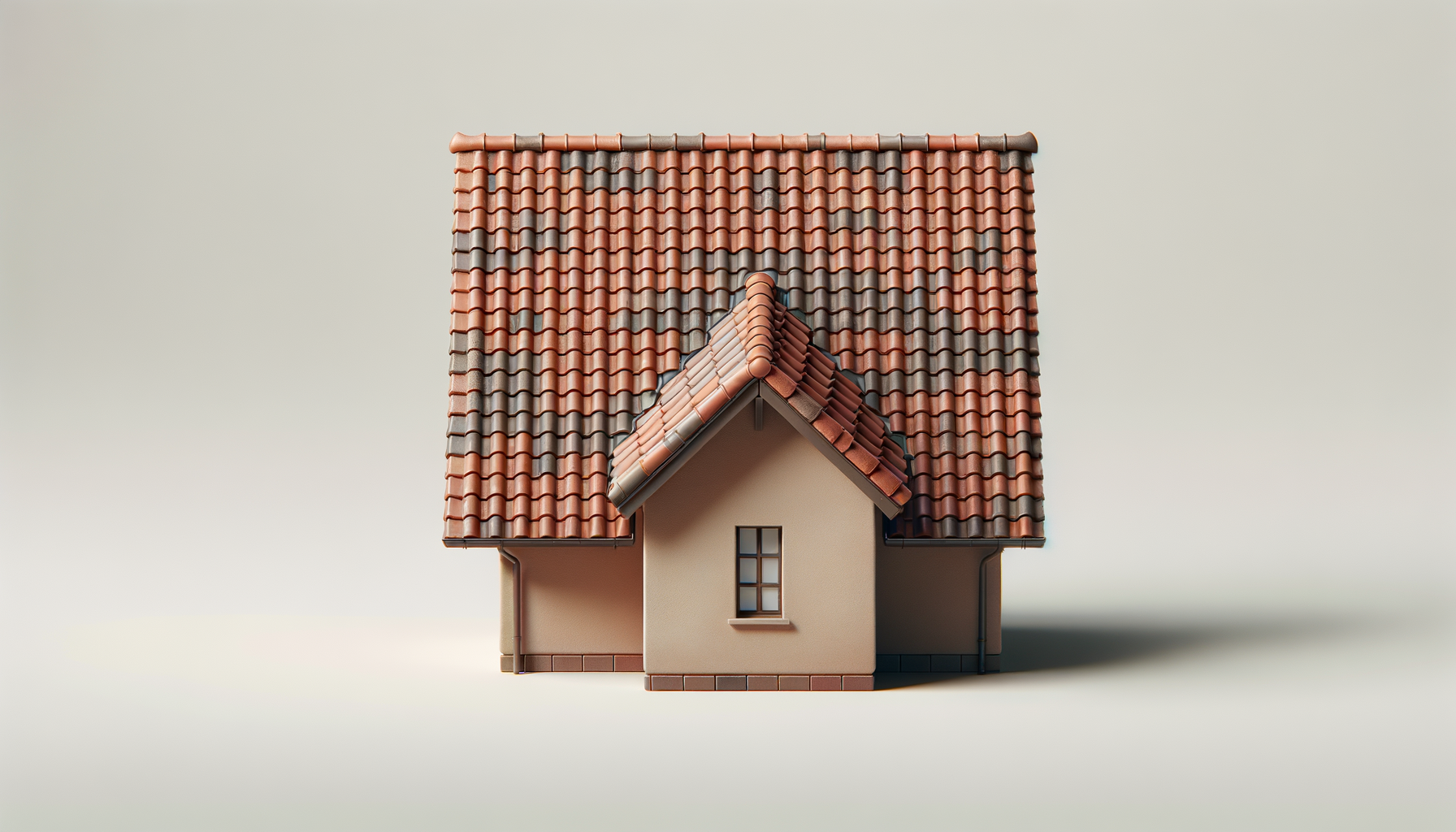 Miniature model of a house with a beige exterior, a gabled roof with red and gray tiles, a small window, and a simple clean background.