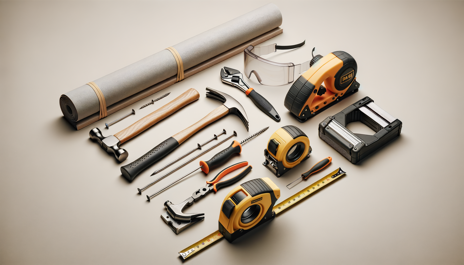 Tools and equipment for construction or home improvement, including a rolled-up exercise mat, safety goggles, a hammer, a crowbar, a utility knife, a tape measure, screwdrivers, a cordless drill, an electric sander, a pair of handsaw, a pipe wrench, and screws.