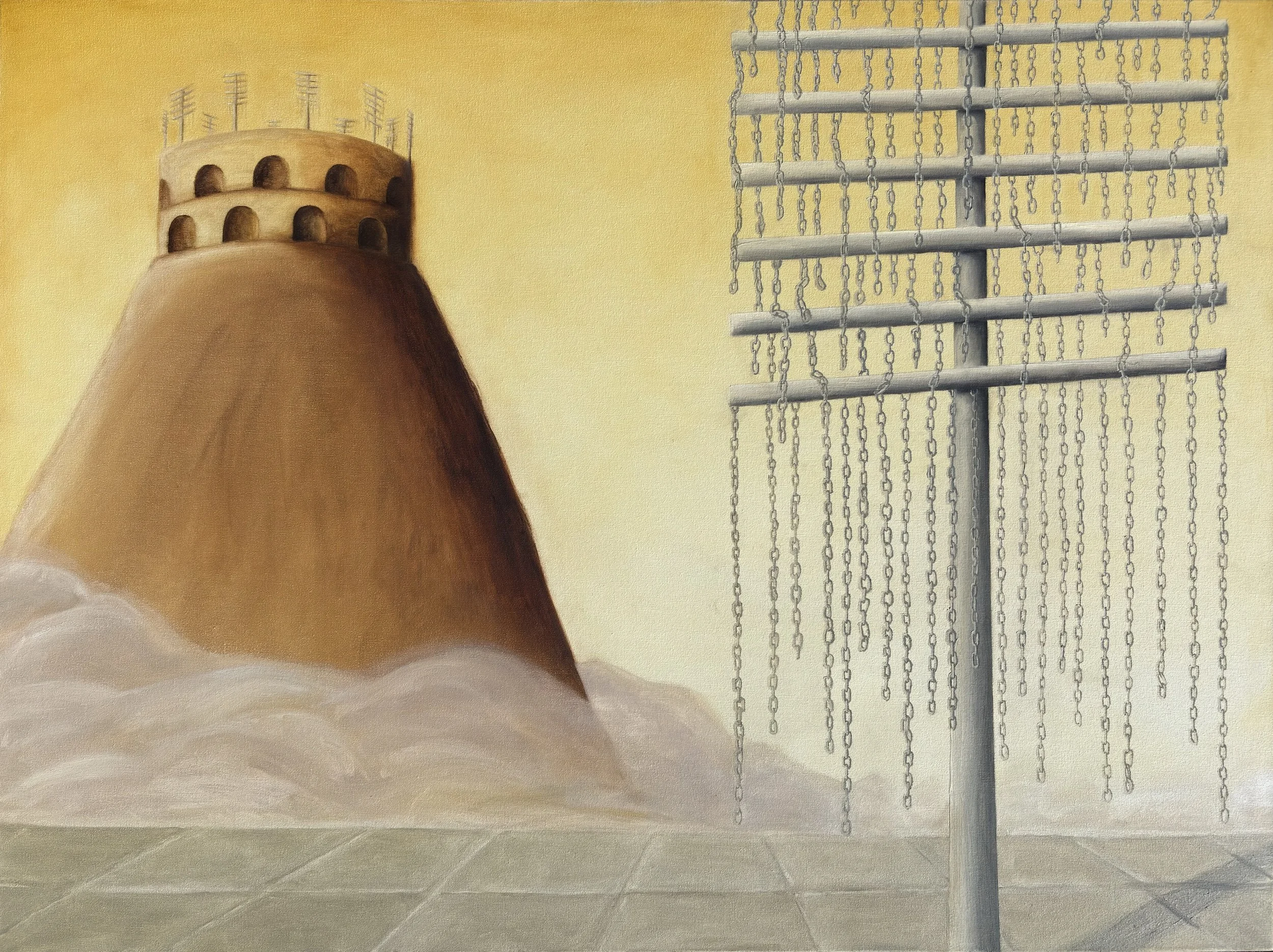 A whimsical painting depicting a volcanic mountain with a brownish top and yellowish sides, topped with antenna-like structures, on a calm, light-colored surface with a gradient yellow background. To the right, there are tall, empty metal frame structures with chains hanging, resembling a playground or construction scaffolding.
