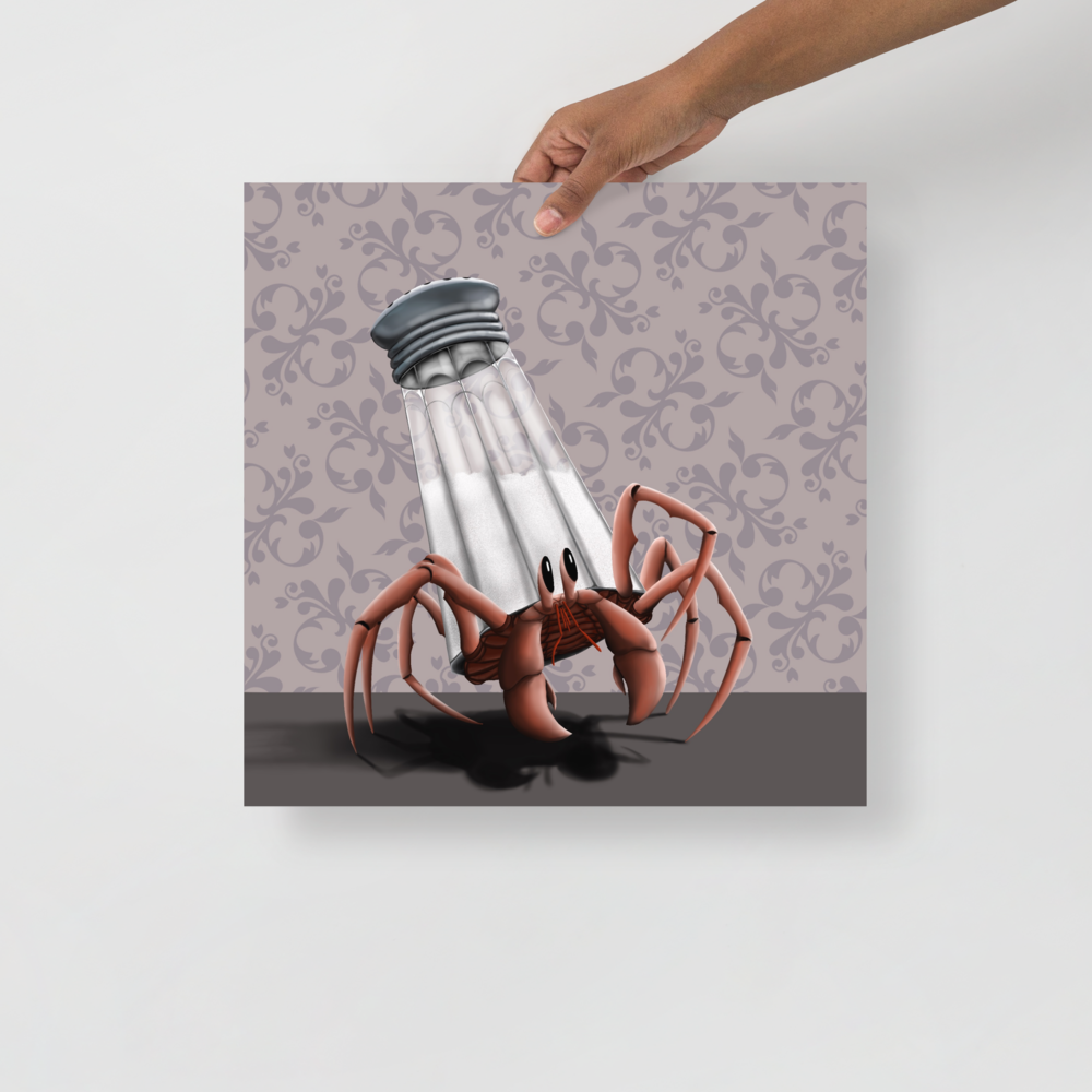 A cartoon salt shaker with a beam of salt shining down on a cartoon crab with large claws and eyes, set against a gray patterned background.