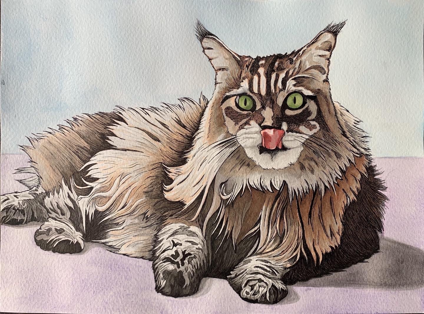 Watercolor painting of a long-haired tabby cat lying down with green eyes and pink tongue out.