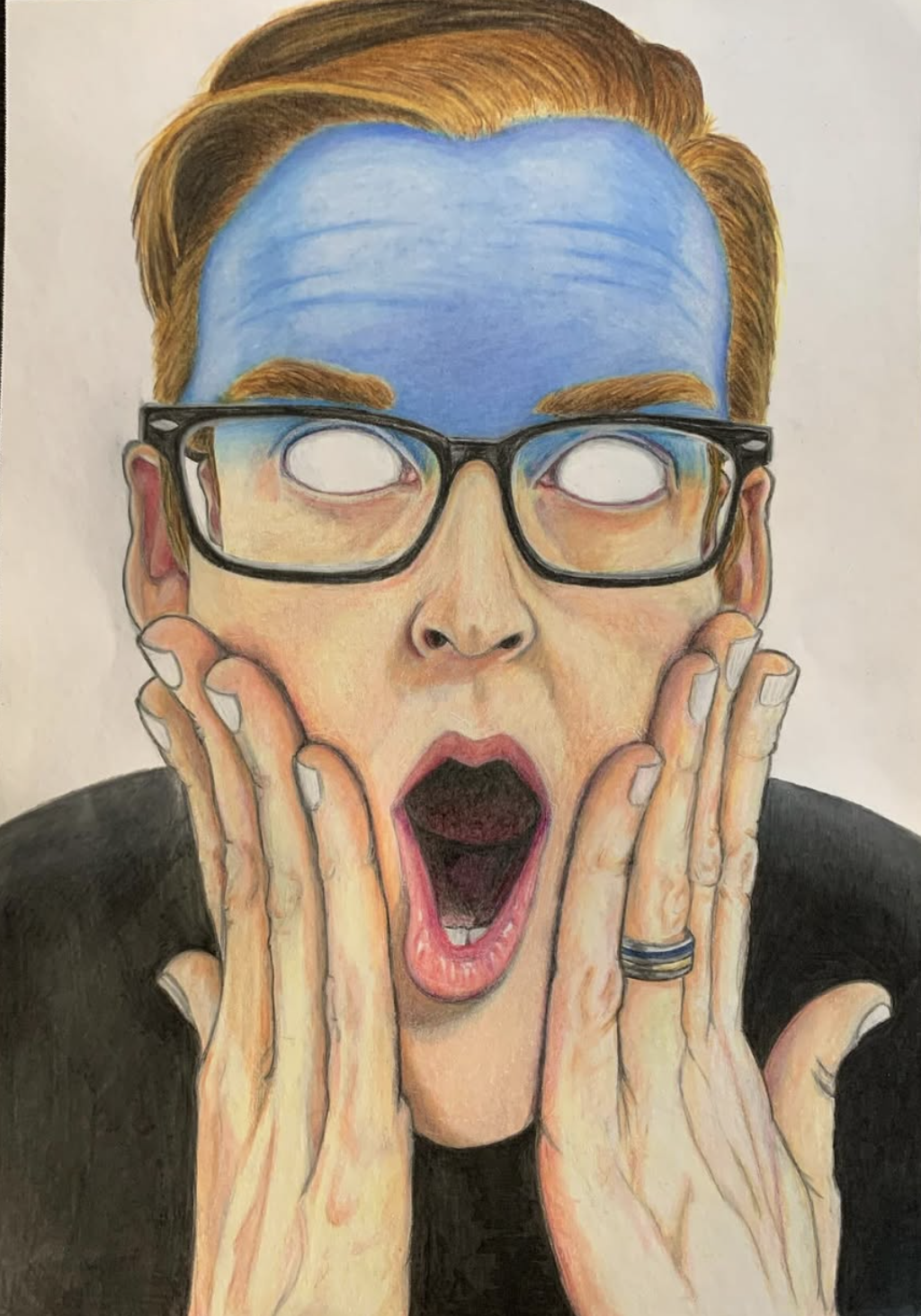 A colorful drawing of a person with glasses, hands on cheeks, eyes white, and mouth open in a surprised expression. Blue shading on forehead, reddish-brown hair, black shirt.