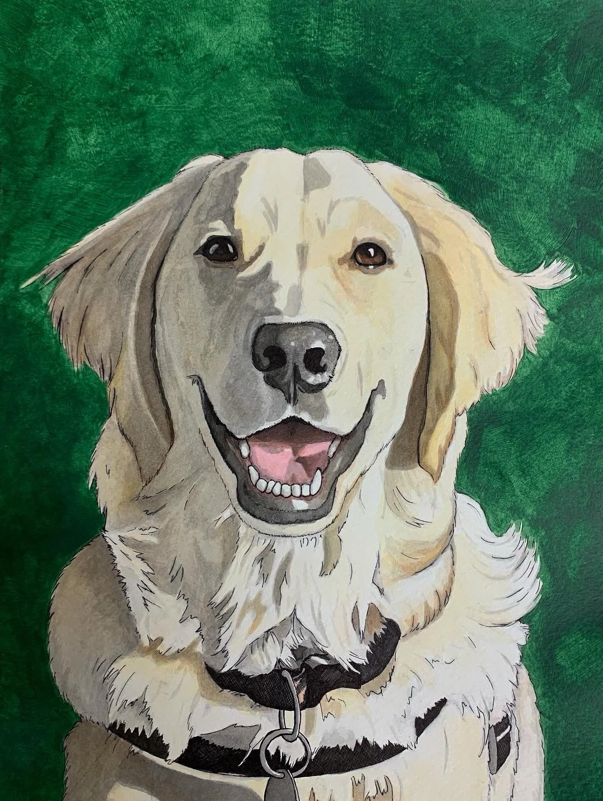 Painting of a friendly golden retriever dog with a green background.