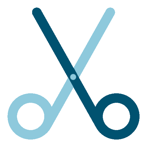 Illustration of a pair of scissors forming an 'X' shape, with light and dark blue handles.