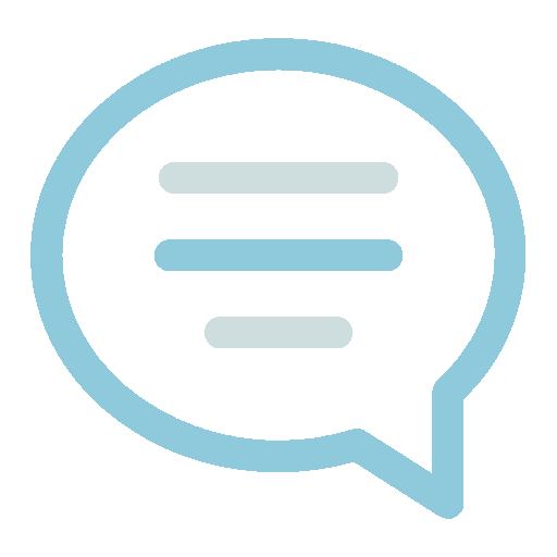 An icon of a speech bubble with three horizontal lines representing text, outlined in blue.