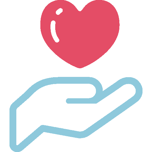 An illustration of a blue hand holding a pink heart.