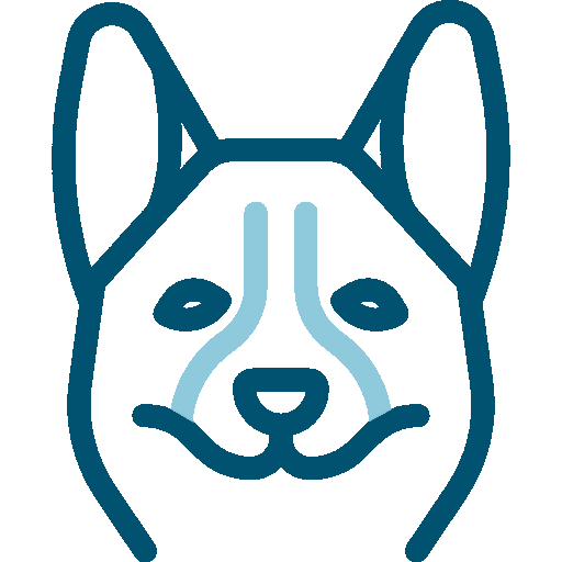 Line drawing of a dog's face, featuring upright ears and a friendly expression.