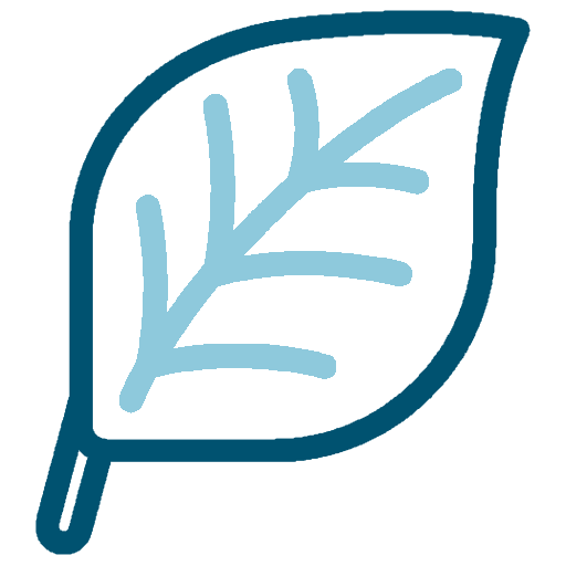 A stylized blue outline of a leaf with a prominent central vein and smaller branching veins inside.