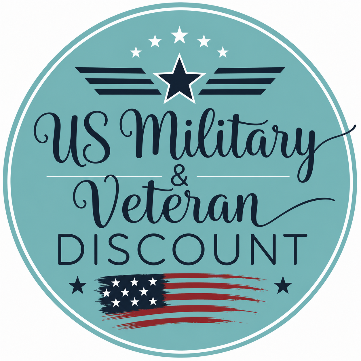 A circular badge with a teal background and white border, featuring text that says 'US Military & Veteran Discount,' with a star and wings at the top, and stylized American flag elements at the bottom.