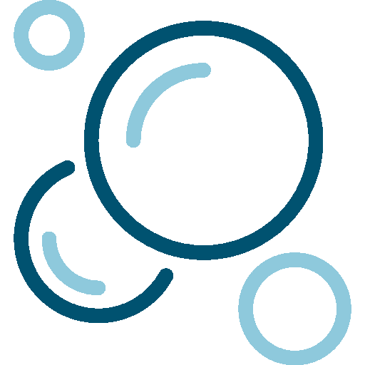 Stylized illustration of three different sized circles and curved lines in shades of blue on a black background.