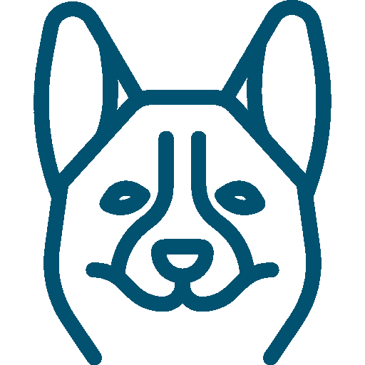Line drawing of a dog's face with pointed ears and simple features.