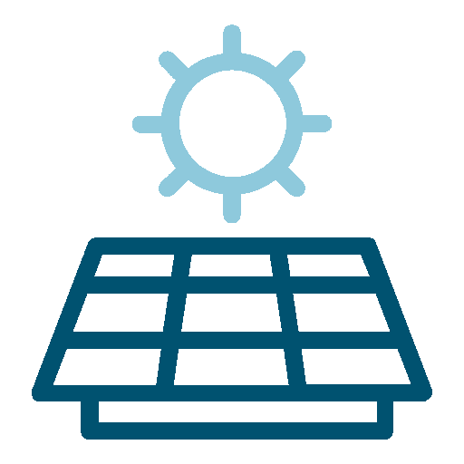 Icon of a sun above a solar panel, representing solar energy or solar power technology.