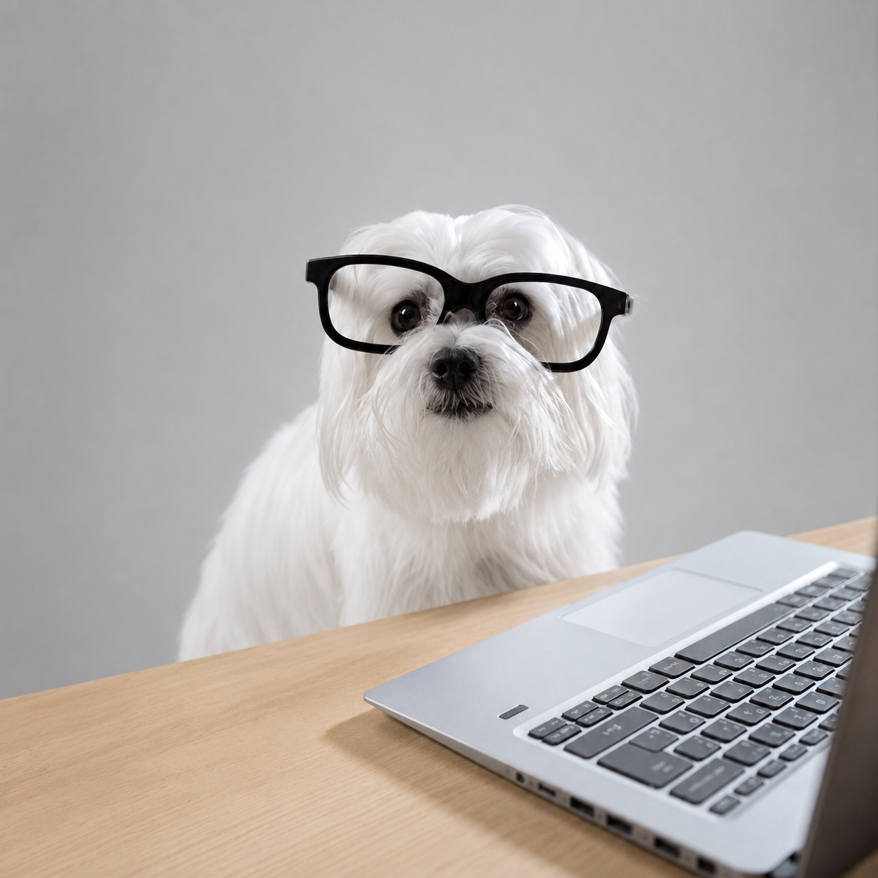 A white dog wearing black glasses sitting at a wooden desk with a laptop.