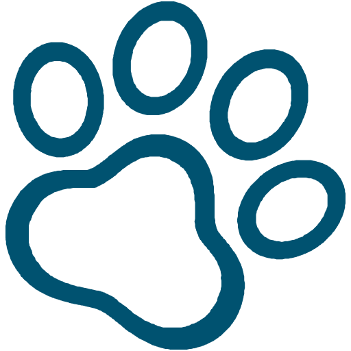 A stylized blue paw print icon with four small circular pads and one larger pad.