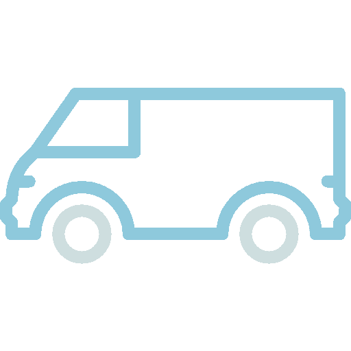 Outline of a delivery van with light blue border and gray wheels.
